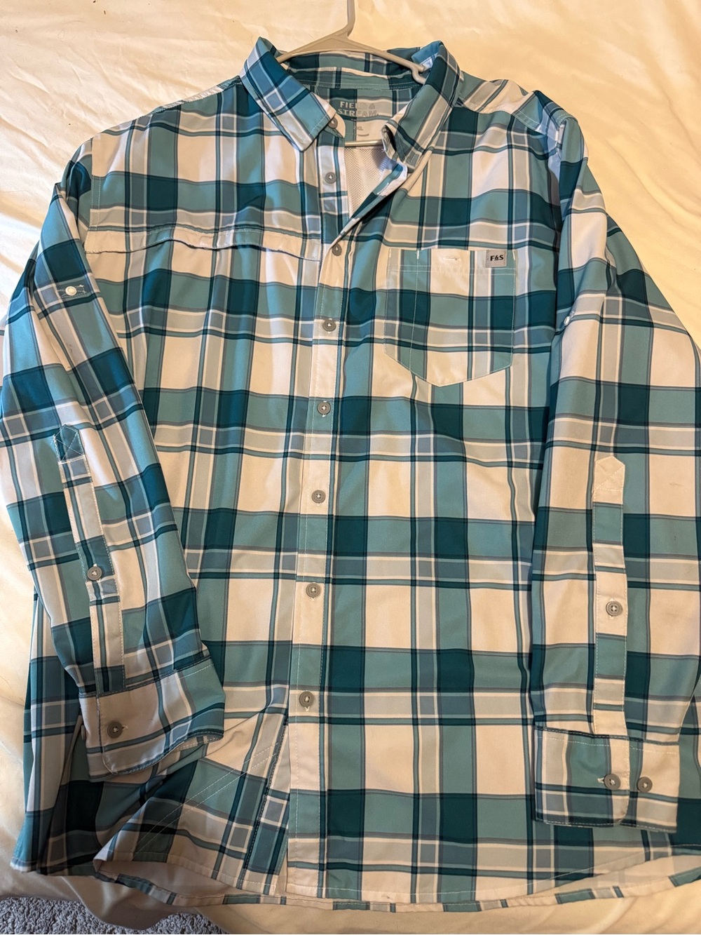 Field & Stream Teal and White Plaid Button-Down Shirt